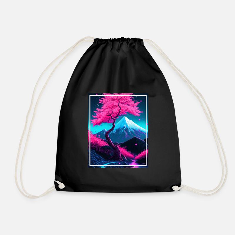 Fantasy Japan Cherry Blossom Mountains Neon Retro Fable - Drawstring Bag - black