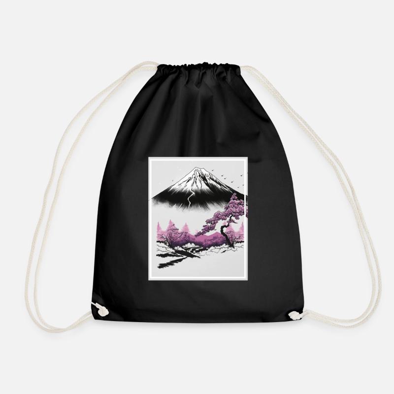 Fantasy Japan Cherry Blossom Mountains Neon Retro Fable - Drawstring Bag - black