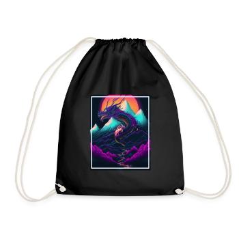 Drachen Japan Kirschblüte Berge Neon Retro Fabel - Turnbeutel - Schwarz - Vorne