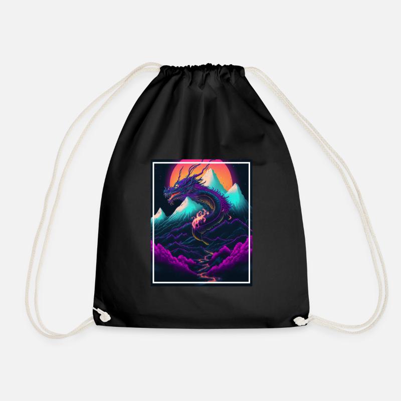 Dragon Japan Cherry Blossom Mountains Neon Retro Fable - Drawstring Bag - black