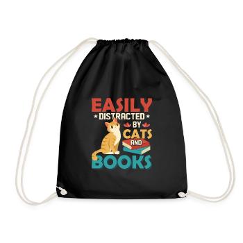 Easily Distracted By Cats And Books Reading Book L - Drawstring Bag - black - Front