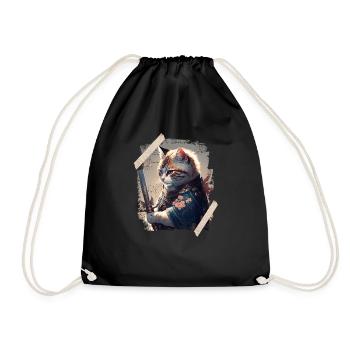 Cat Ninja Japanese Samurai - Drawstring Bag - black - Front