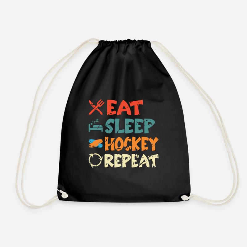 Eat Sleep Hockey Repeat funny retro vintage - Drawstring Bag - black