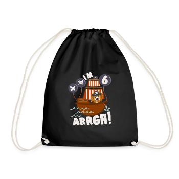 Birthday Pirate 6 Years Old Bday Party Gift Idea - Drawstring Bag - black - Front