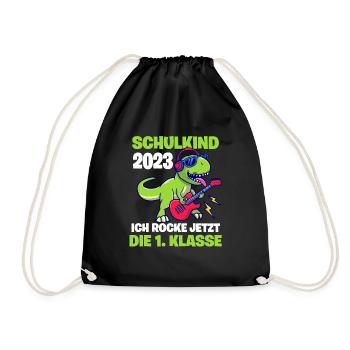Einschulung 2023 Dino T-Rex Ich rocke die 1 Klasse - Turnbeutel - Schwarz - Vorne