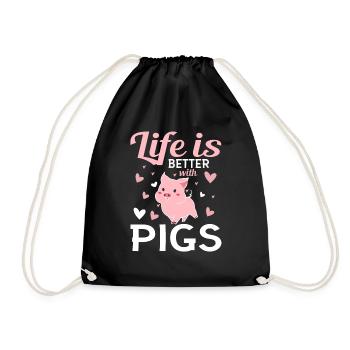 Life is better with pigs piglet pink - Drawstring Bag - black - Front