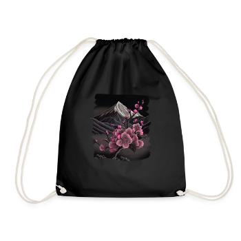 Vintage Japanese Sakura Cherry Blossom Temple - Drawstring Bag - black - Front