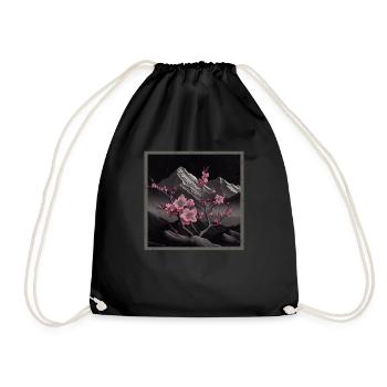 Vintage Japanese Sakura Cherry Blossom Temple - Drawstring Bag - black - Front