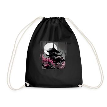 Vintage Japanese Sakura Cherry Blossom Temple - Drawstring Bag - black - Front