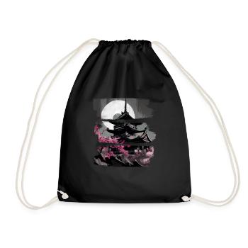 Vintage Japanese Sakura Cherry Blossom Temple - Drawstring Bag - black - Front