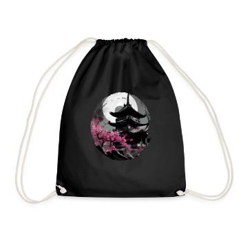 Vintage Japanese Sakura Cherry Blossom Temple - Drawstring Bag - black - Front