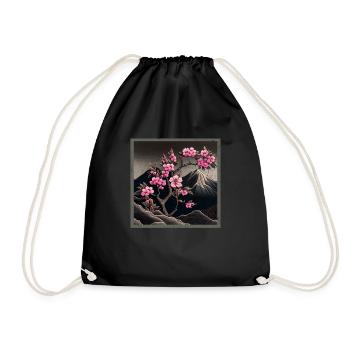 Vintage Japanese Sakura Cherry Blossom Temple - Drawstring Bag - black - Front