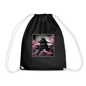 Vintage Japanese Sakura Cherry Blossom Temple - Drawstring Bag - black - Front