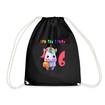 Ich bin schon 6 Süsses Einhorn mit Rucksack Motiv - Turnbeutel - Schwarz - Vorne