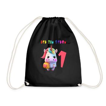 Ich bin schon 1 Süsses Einhorn mit Rucksack Motiv - Turnbeutel - Schwarz - Vorne
