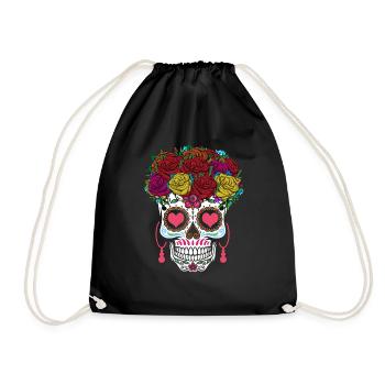 Roses Sugar Bone Muertos Halloween Valentines - Drawstring Bag - black - Front