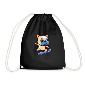 Cute Pug Dog with Skateboard - Drawstring Bag - black - Front