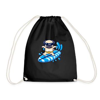 Cute pug dog on a kawaii-style surfboard - Drawstring Bag - black - Front
