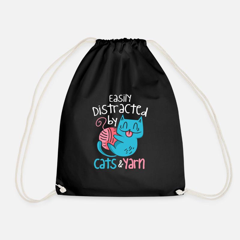Knitting Cat And Yarn Feline Knitter Crocheter - Drawstring Bag - black
