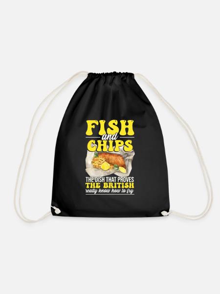 British Food Fish And Chips Funny - Drawstring Bag - black