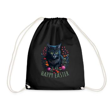 cute cat in easter & spring happy easter - Drawstring Bag - black - Front