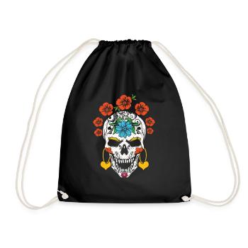 Floral Halloween Muertos Day Of Dead Sugar Bone - Drawstring Bag - black - Front
