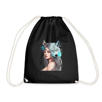 Beautiful Girl and Wolf Butterfly Graphic - Drawstring Bag - black - Front