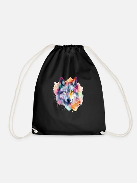 Wolf Splash Art Animal Face Wolf Lover - Drawstring Bag - black