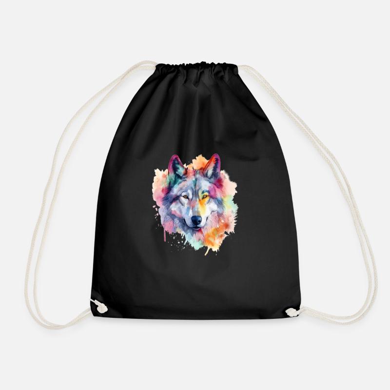 Wolf Splash Art Animal Face Wolf Lover - Drawstring Bag - black