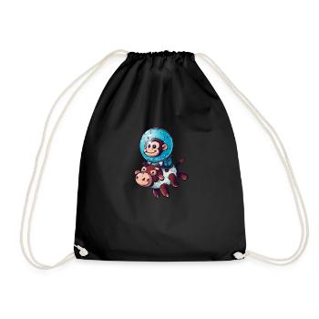 Monkey on Cow Rocket Shake Astronaut Cosmonaut - Drawstring Bag - black - Front