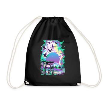 Japanese Woodblock Landscape Vaporwave Aesthetic - Drawstring Bag - black - Front