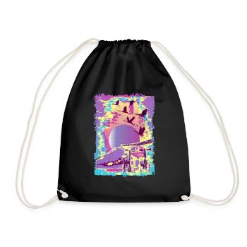 japanese art japan woodblock vaporwave synthwave - Drawstring Bag - black - Front