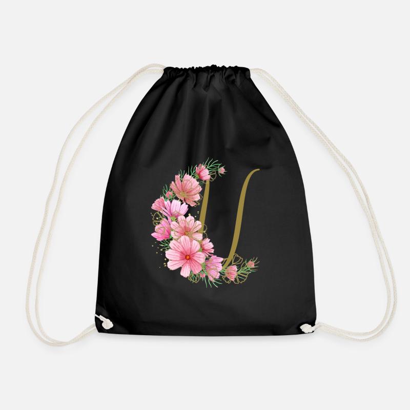 Flower tendril with letter U - Drawstring Bag - black