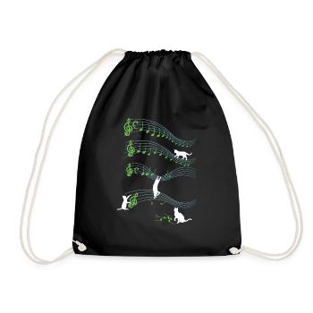 Playful Cute Cat Playing On Musical Notes Musician - Drawstring Bag - black - Front