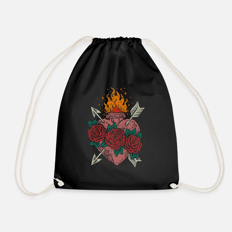 Flame heart and rose - Drawstring Bag - black