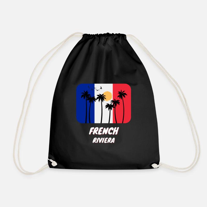 French riviera with plan trees over french flag - Drawstring Bag - black