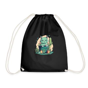 Green cat in flower pot with cactus and pumpkin - Drawstring Bag - black - Front