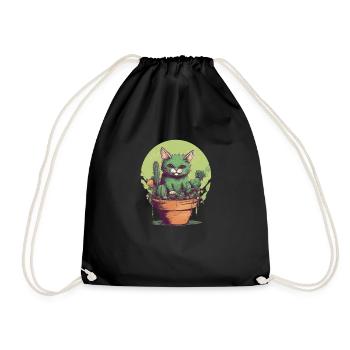 Green cat in pot with green plants - Drawstring Bag - black - Front