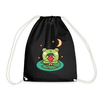 Frog with Strawberry on Lily Pad - Drawstring Bag - black - Front
