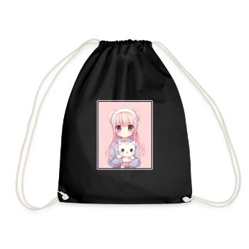 Kawaii Girl Anime Manga Girl Cat - Drawstring Bag - black - Front