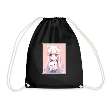 Kawaii Girl Anime Manga Girl Cat - Drawstring Bag - black - Front