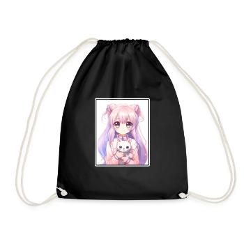 Kawaii Girl Anime Manga Girl Cat - Drawstring Bag - black - Front