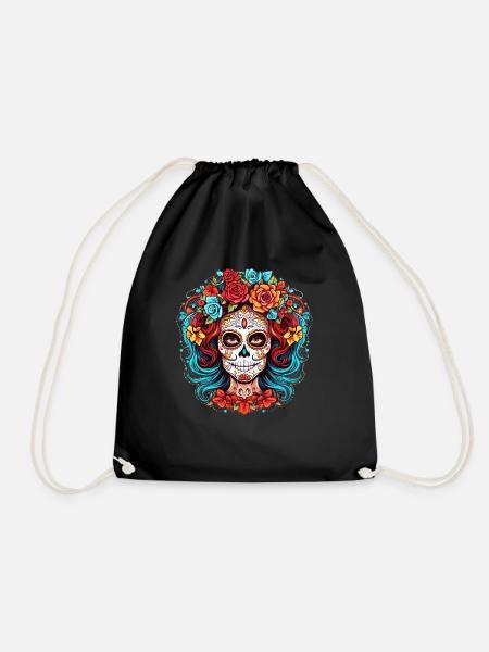 Schöne La Catrina Totenkopf Blumendekoration Dia D - Turnbeutel - Schwarz
