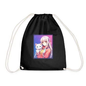 Kawaii Girl Anime Manga Girl Cat - Drawstring Bag - black - Front