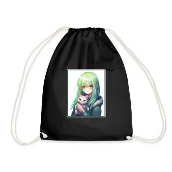 Kawaii Girl Anime Manga Girl Cat - Drawstring Bag - black - Front