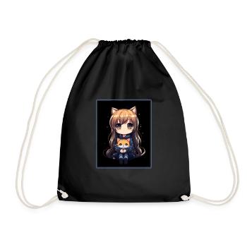 Kawaii Girl Anime Manga Girl Cat - Drawstring Bag - black - Front