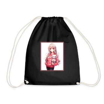 Kawaii Girl Anime Manga Girl Cat - Drawstring Bag - black - Front