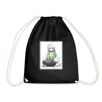 Kawaii Girl Anime Manga Girl Cat - Drawstring Bag - black - Front