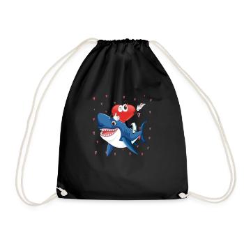 Valentine's Day Heart Riding Shark Funny Love Sharks - Drawstring Bag - black - Front