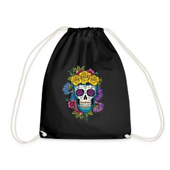 Mexico Floral Flower Muertos Day Of Dead Halloween - Drawstring Bag - black - Front